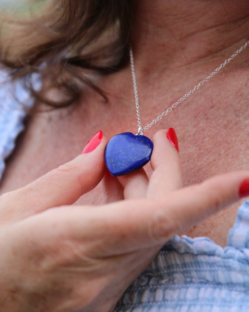 Lapis Lazuli crystal heart necklace with sterling silver chain