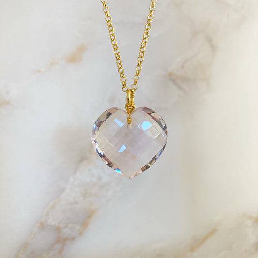 Pink Amethyst crystal heart pendant with gold plated chain