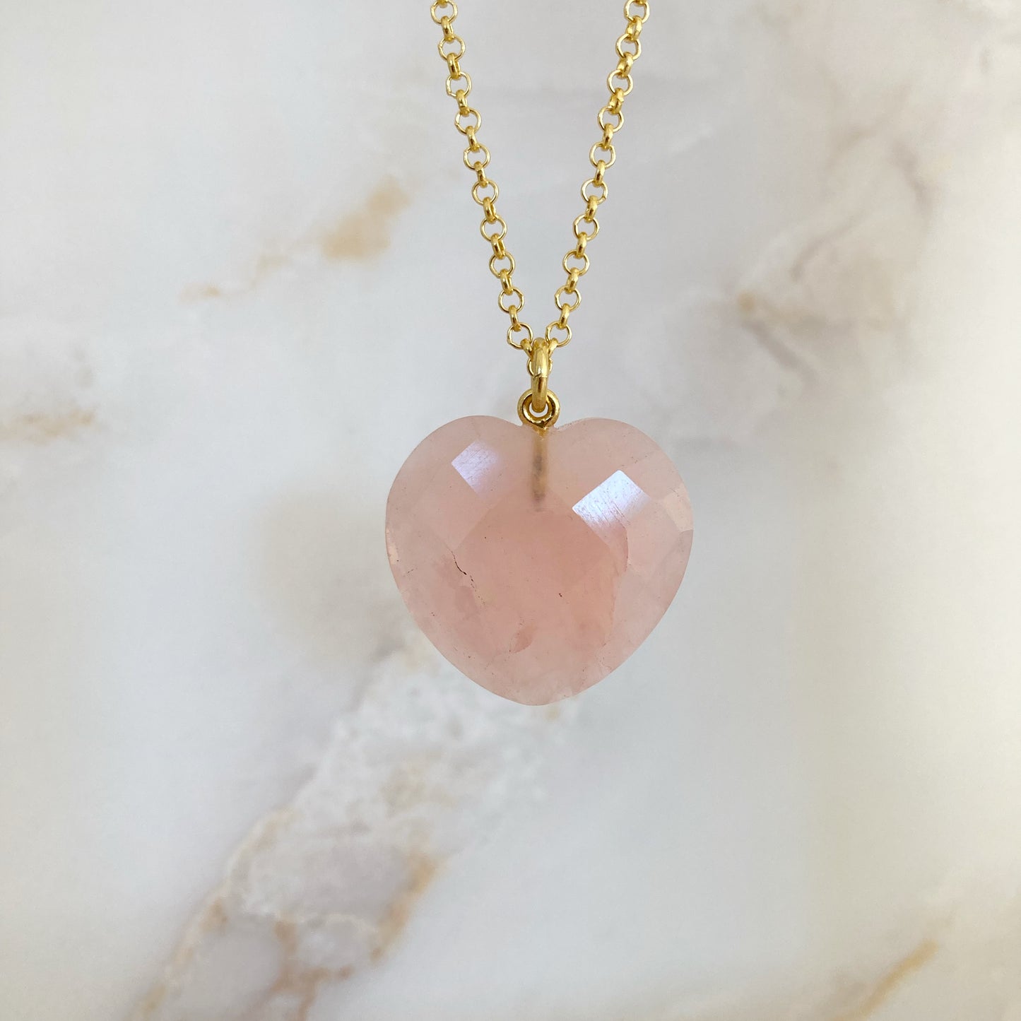 Rose Quartz crystal heart pendant with gold plated chain