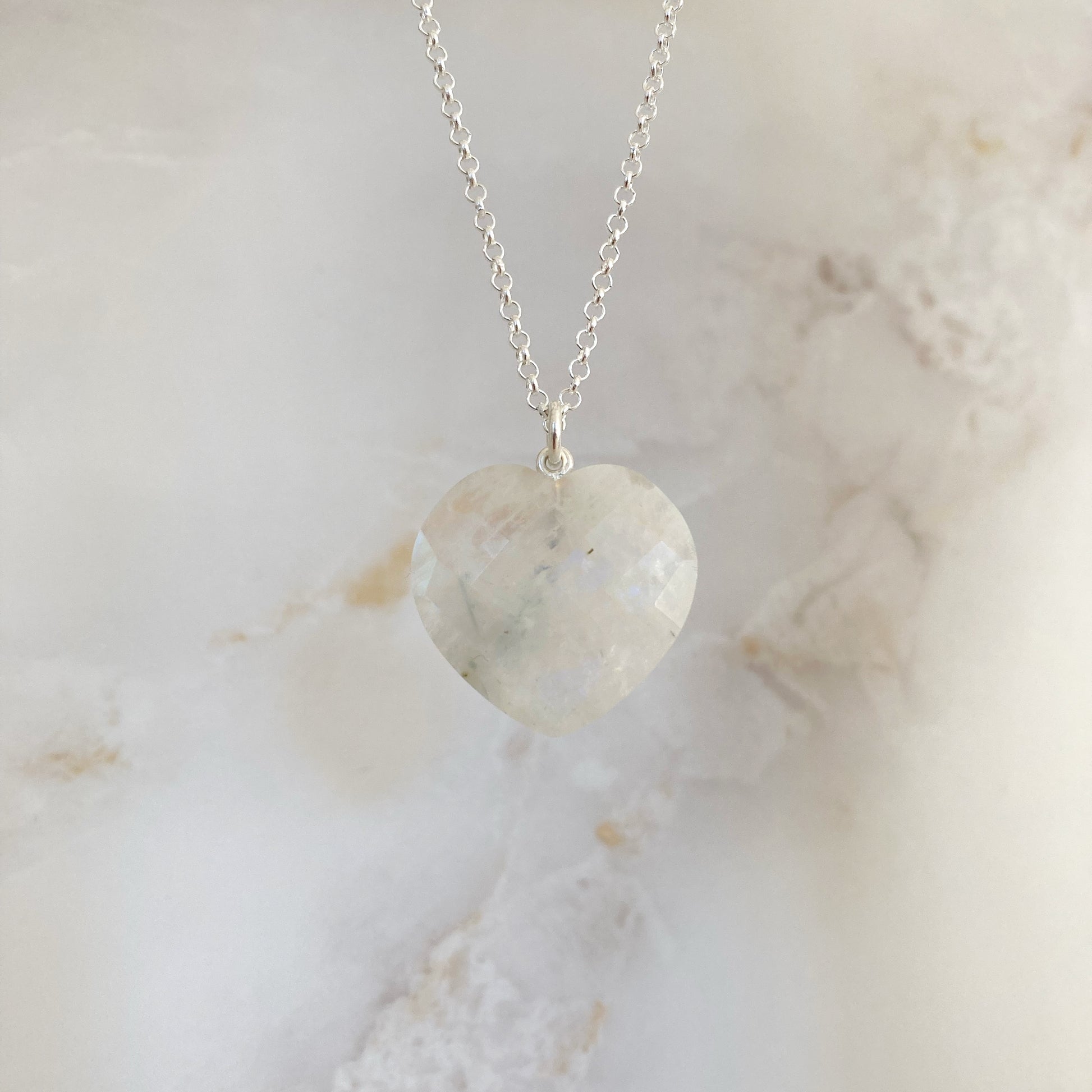 Rainbow Moonstone crystal heart pendant with sterling silver chain