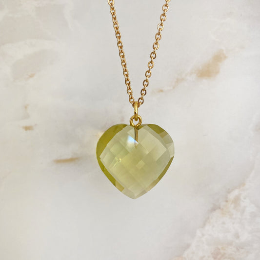 Lemon Topaz crystal heart pendant with gold plated chain